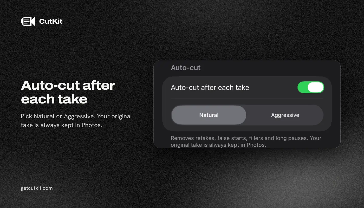 CutKit auto-cut settings with the Natural and Aggressive pace switch on iPhone
