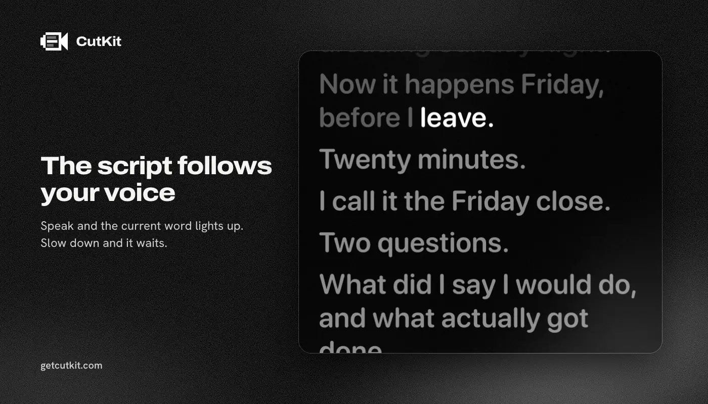 CutKit's teleprompter on iPhone highlighting the current spoken word in the script