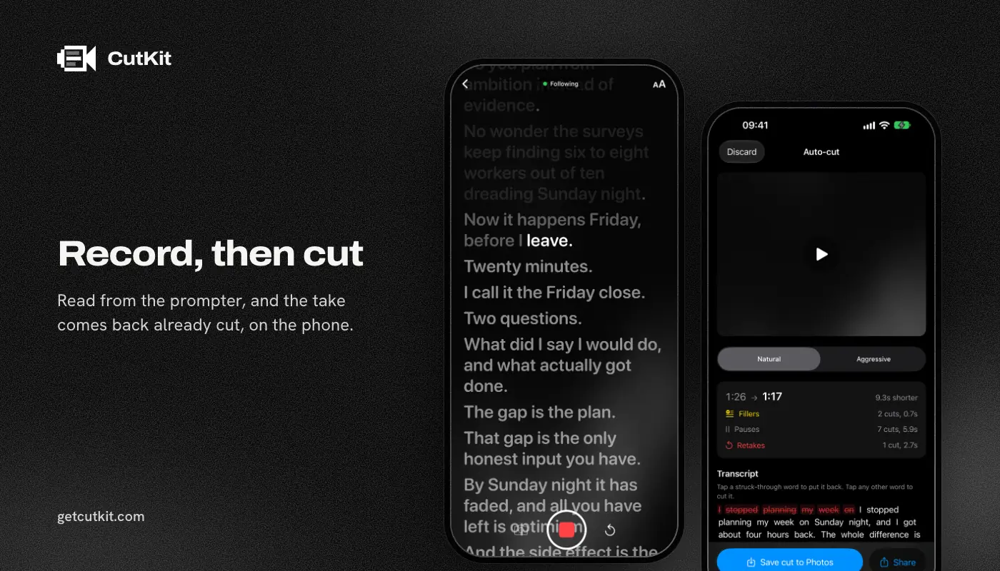 CutKit's teleprompter and auto-cut screens side by side on iPhone