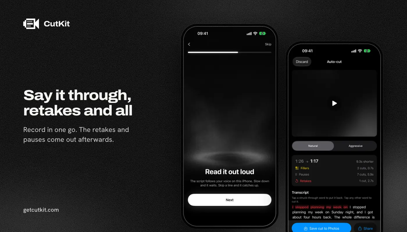 CutKit's read-aloud screen and its auto-cut review screen, the record step and the cut step of a Short