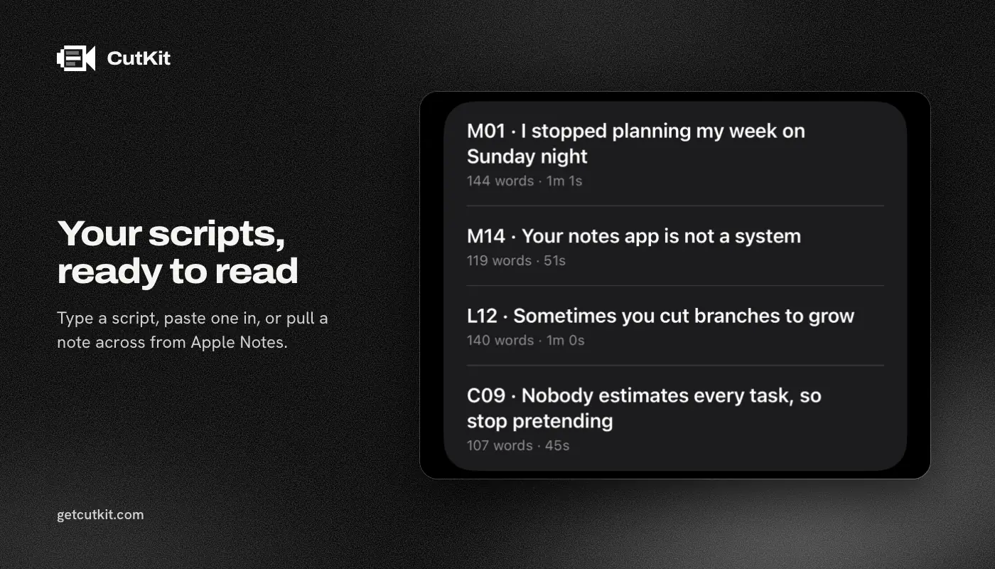 CutKit's script library on iPhone with word counts and read times for each script